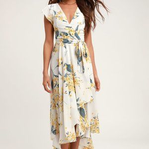 French Countryside White and Yellow Floral Print High-Low Dress
